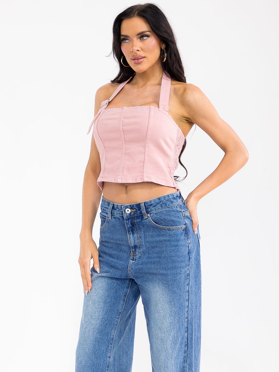WOMEN'S SLEEVELESS HALTER NECK OPEN BACK SMOCK DENIM CROP TOP