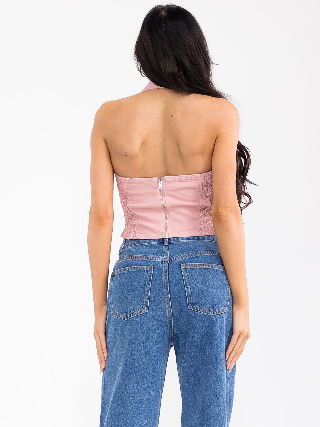 WOMEN'S SLEEVELESS HALTER NECK OPEN BACK SMOCK DENIM CROP TOP