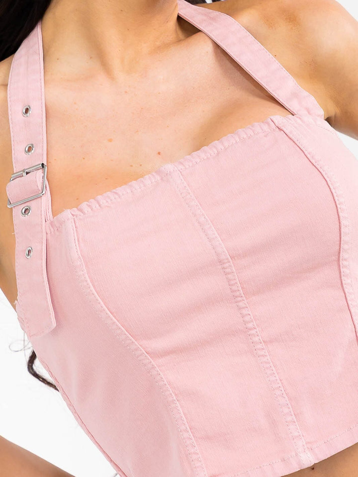 WOMEN'S SLEEVELESS HALTER NECK OPEN BACK SMOCK DENIM CROP TOP