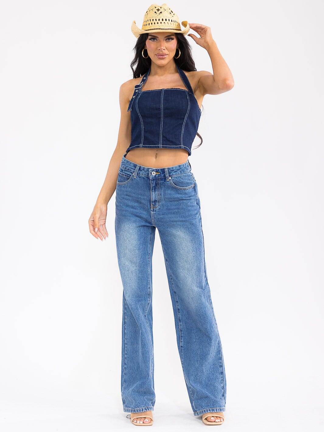 WOMEN'S SLEEVELESS HALTER NECK OPEN BACK SMOCK DENIM CROP TOP