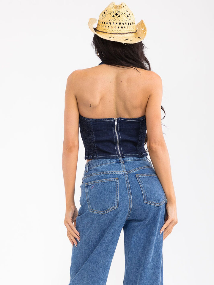 WOMEN'S SLEEVELESS HALTER NECK OPEN BACK SMOCK DENIM CROP TOP