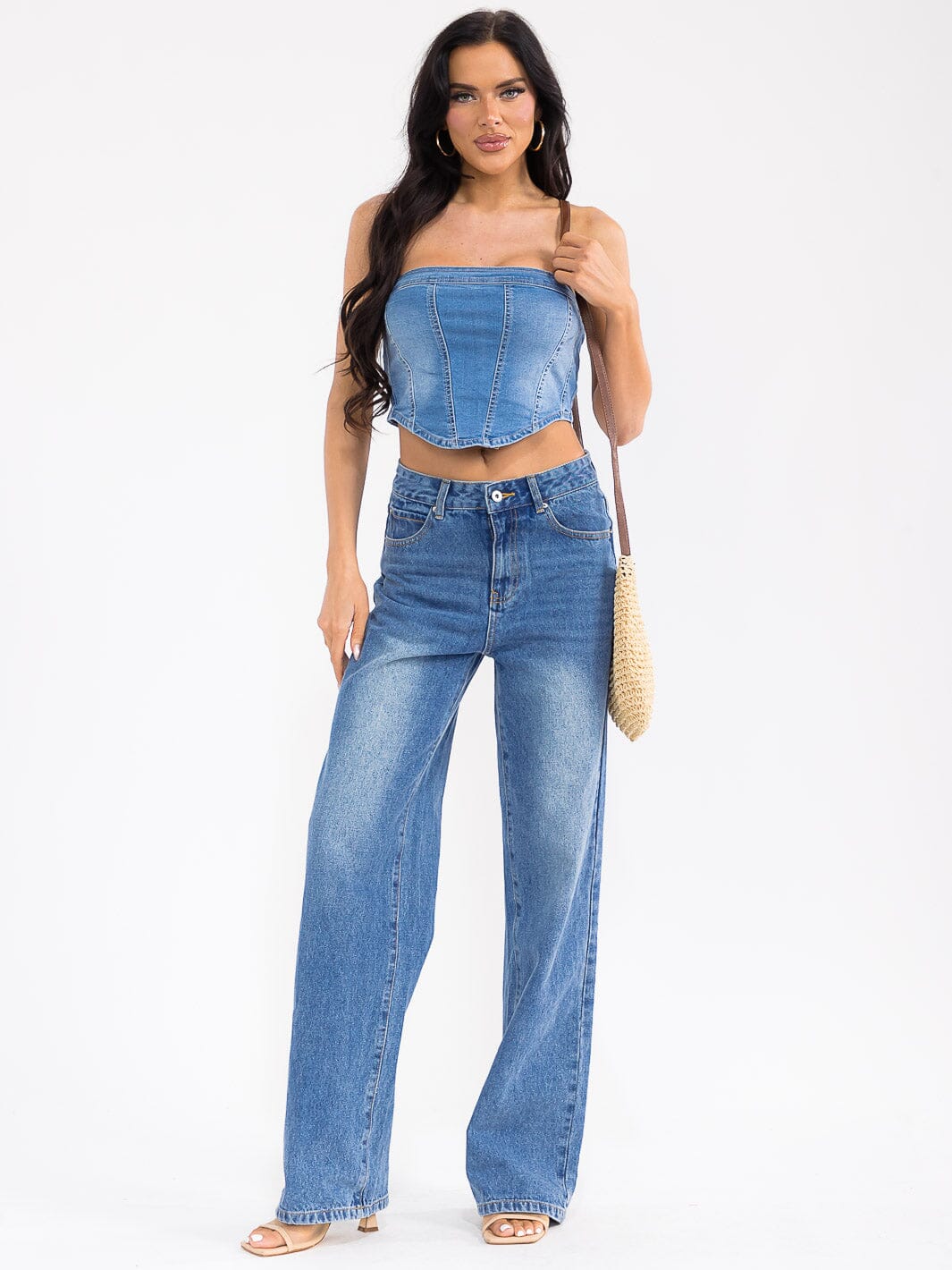 WOMEN'S SLEEVELESS TUBE DENIM CROP TOP