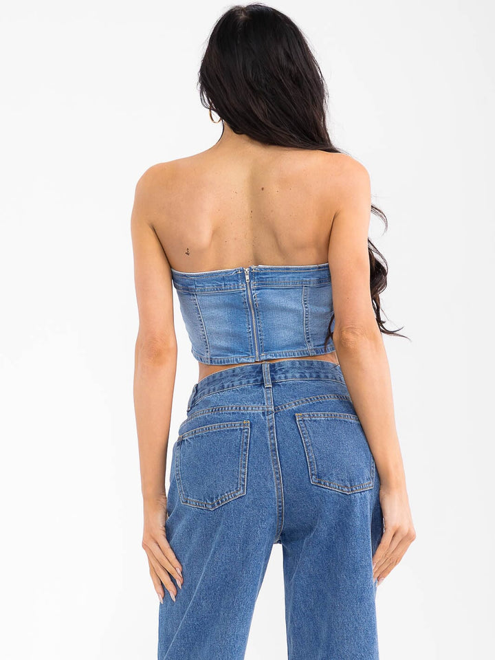 WOMEN'S SLEEVELESS TUBE DENIM CROP TOP
