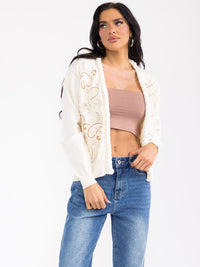 WOMEN'S LONG SLEEVE BUTTON CLOSURE EMBROIDERY DETAILED SWEATER