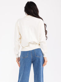 WOMEN'S LONG SLEEVE BUTTON CLOSURE EMBROIDERY DETAILED SWEATER