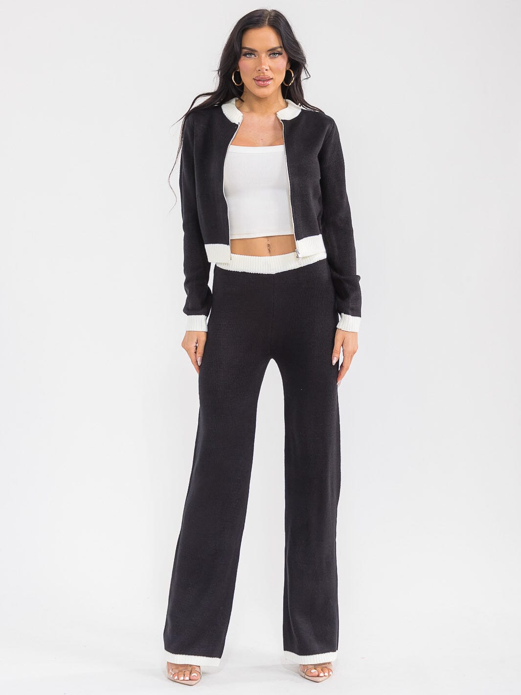 WOMEN'S LONG SLEEVE ZIP UP SWEATER & ELASTIC WAIST STRAIGHT LEG PANTS COLORBLOCK KNIT 2PC. SET