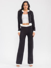 WOMEN'S LONG SLEEVE ZIP UP SWEATER & ELASTIC WAIST STRAIGHT LEG PANTS COLORBLOCK KNIT 2PC. SET