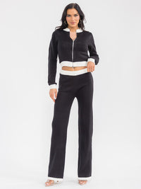 WOMEN'S LONG SLEEVE ZIP UP SWEATER & ELASTIC WAIST STRAIGHT LEG PANTS COLORBLOCK KNIT 2PC. SET