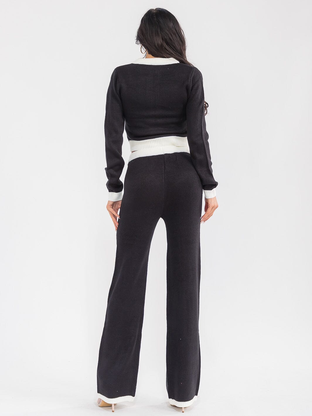 WOMEN'S LONG SLEEVE ZIP UP SWEATER & ELASTIC WAIST STRAIGHT LEG PANTS COLORBLOCK KNIT 2PC. SET