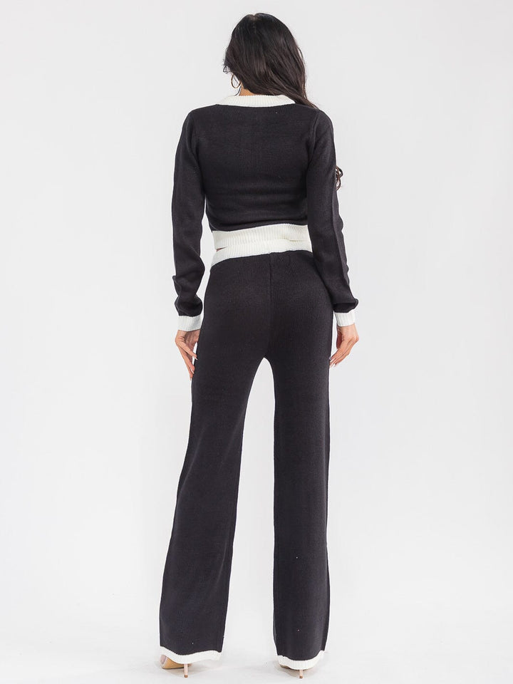 WOMEN'S LONG SLEEVE ZIP UP SWEATER & ELASTIC WAIST STRAIGHT LEG PANTS COLORBLOCK KNIT 2PC. SET