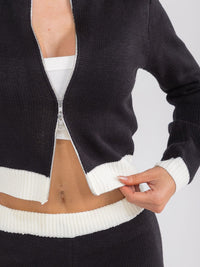 WOMEN'S LONG SLEEVE ZIP UP SWEATER & ELASTIC WAIST STRAIGHT LEG PANTS COLORBLOCK KNIT 2PC. SET