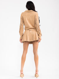WOMEN'S LONG SLEEVE JACKET & ZIP UP MINI SKIRT FRINGE PLEATED 2PC. SET