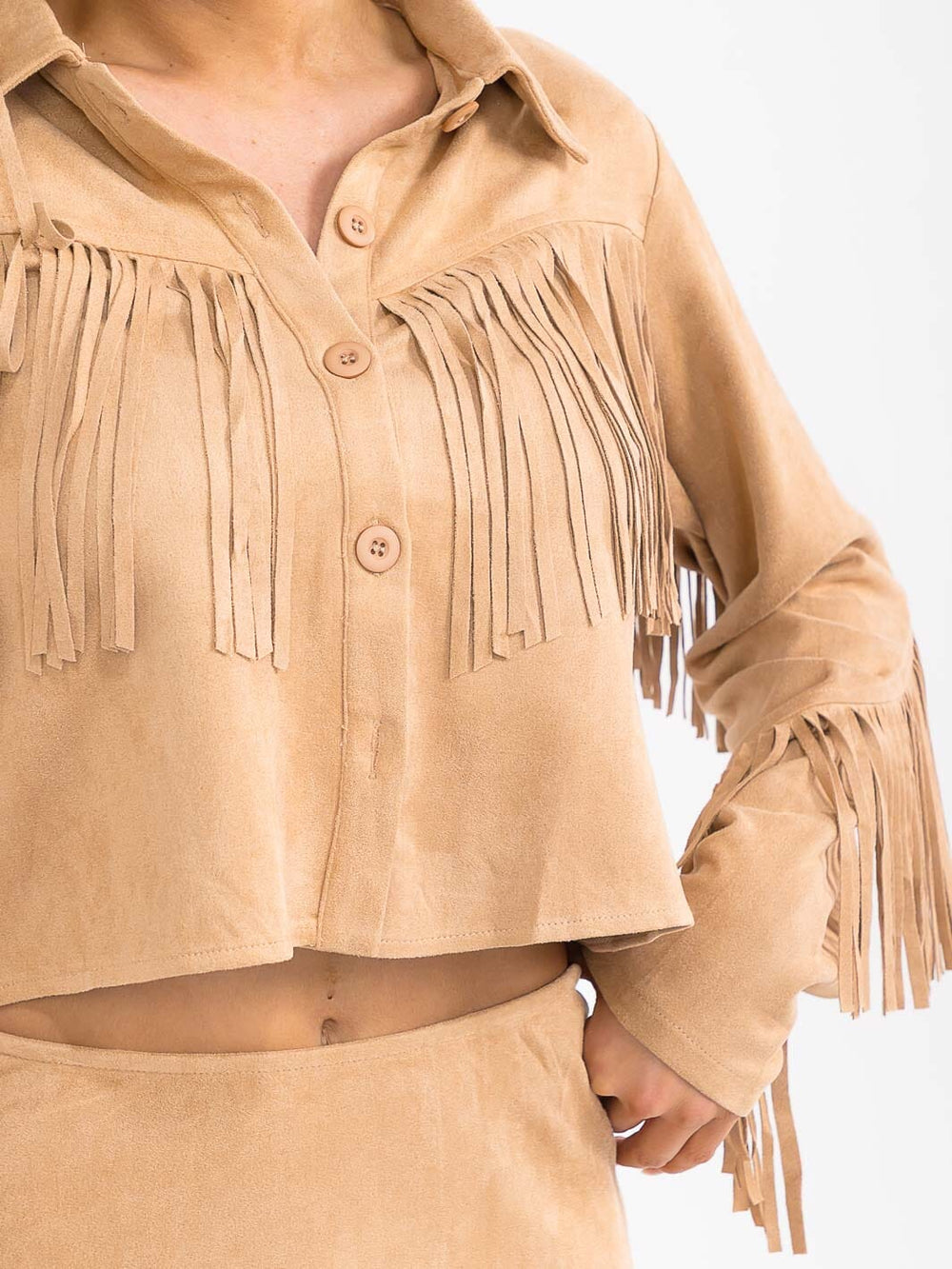 WOMEN'S LONG SLEEVE JACKET & ZIP UP MINI SKIRT FRINGE PLEATED 2PC. SET