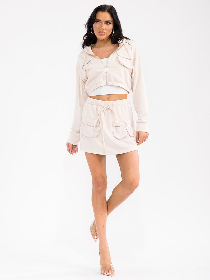 WOMEN'S LONG SLEEVE HOODED TOP & ELASTIC WAIST MINI SKORT SOLID 2PC. SET