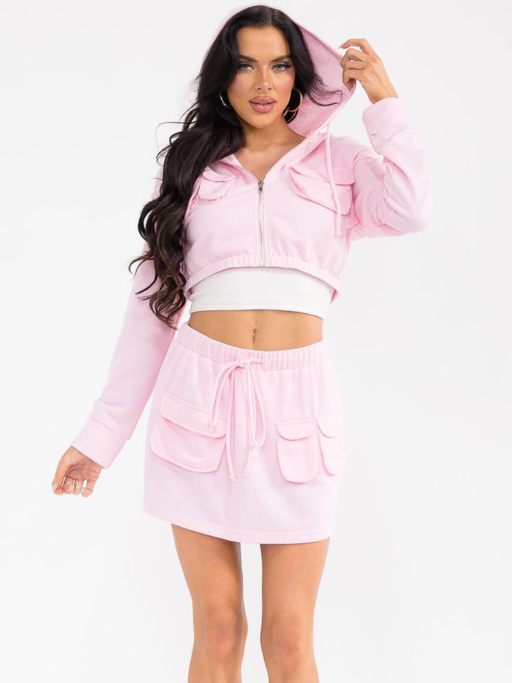 WOMEN'S LONG SLEEVE HOODED TOP & ELASTIC WAIST MINI SKORT SOLID 2PC. SET