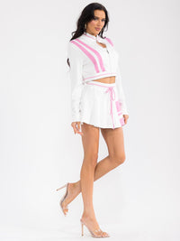 WOMEN'S LONG SLEEVE CROP TOP & ELASTIC WAIST MINI SKORTS COLORBLOCK 2PC. SET