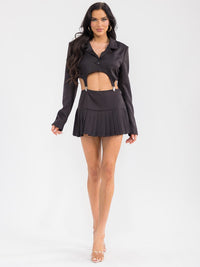WOMEN'S LONG SLEEVE CROP BLAZER & ZIP UP MINI SKIRT PLEATED 2PC. SET