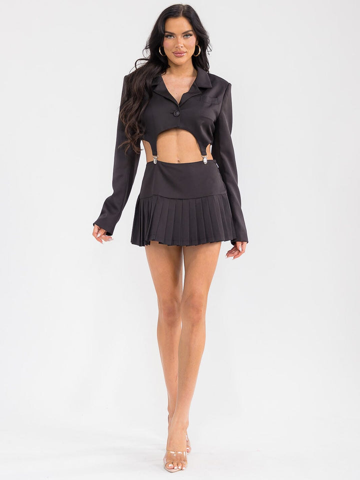 WOMEN'S LONG SLEEVE CROP BLAZER & ZIP UP MINI SKIRT PLEATED 2PC. SET