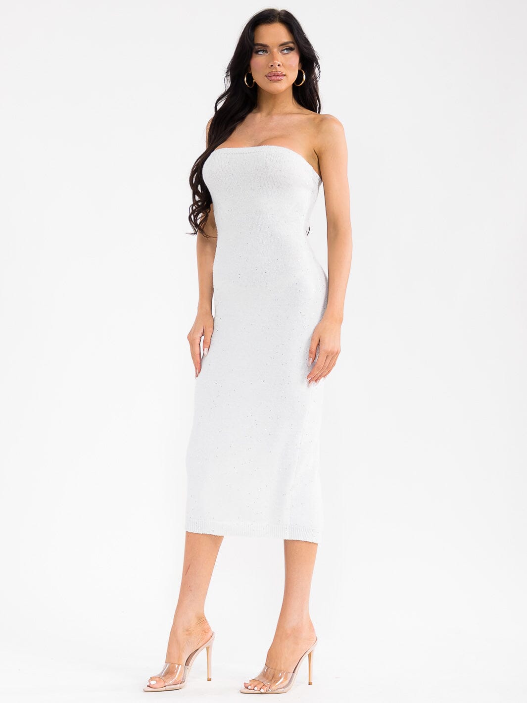 WOMEN'S SLEEVELESS TUBE KNIT SEQUINS BODYCON MIDI DRESS