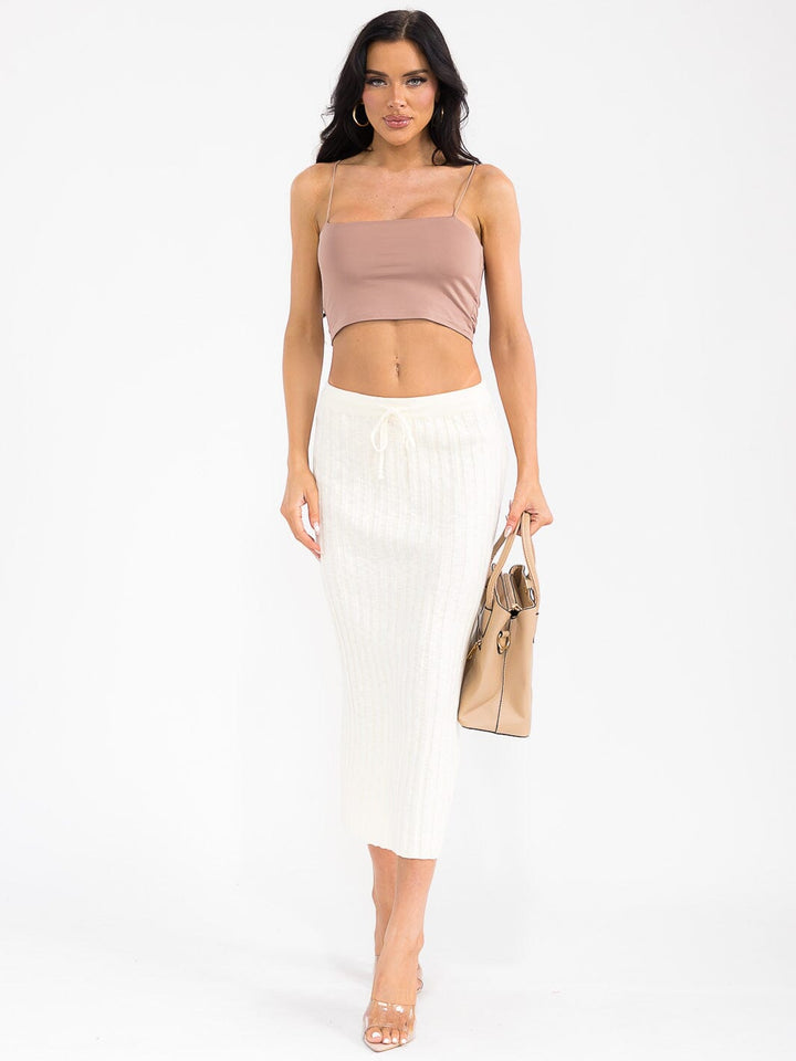 WOMEN'S ELASTIC WAIST SELF TIE RIBBED MAXI SKIRT