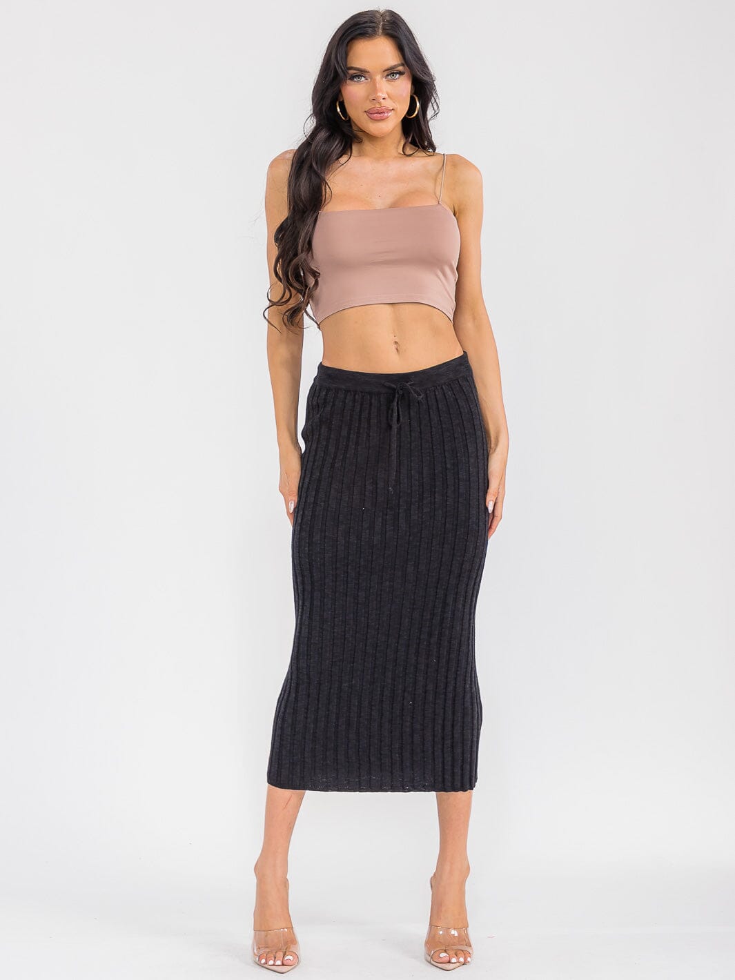 WOMEN'S ELASTIC WAIST SELF TIE RIBBED MAXI SKIRT