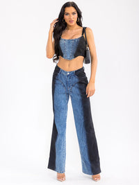 WOMEN'S SLEEVELESS CROP TOP & BUTTON CLOSURE WIDE LEG PANTS DENIM CONTRAST 2PC. SET
