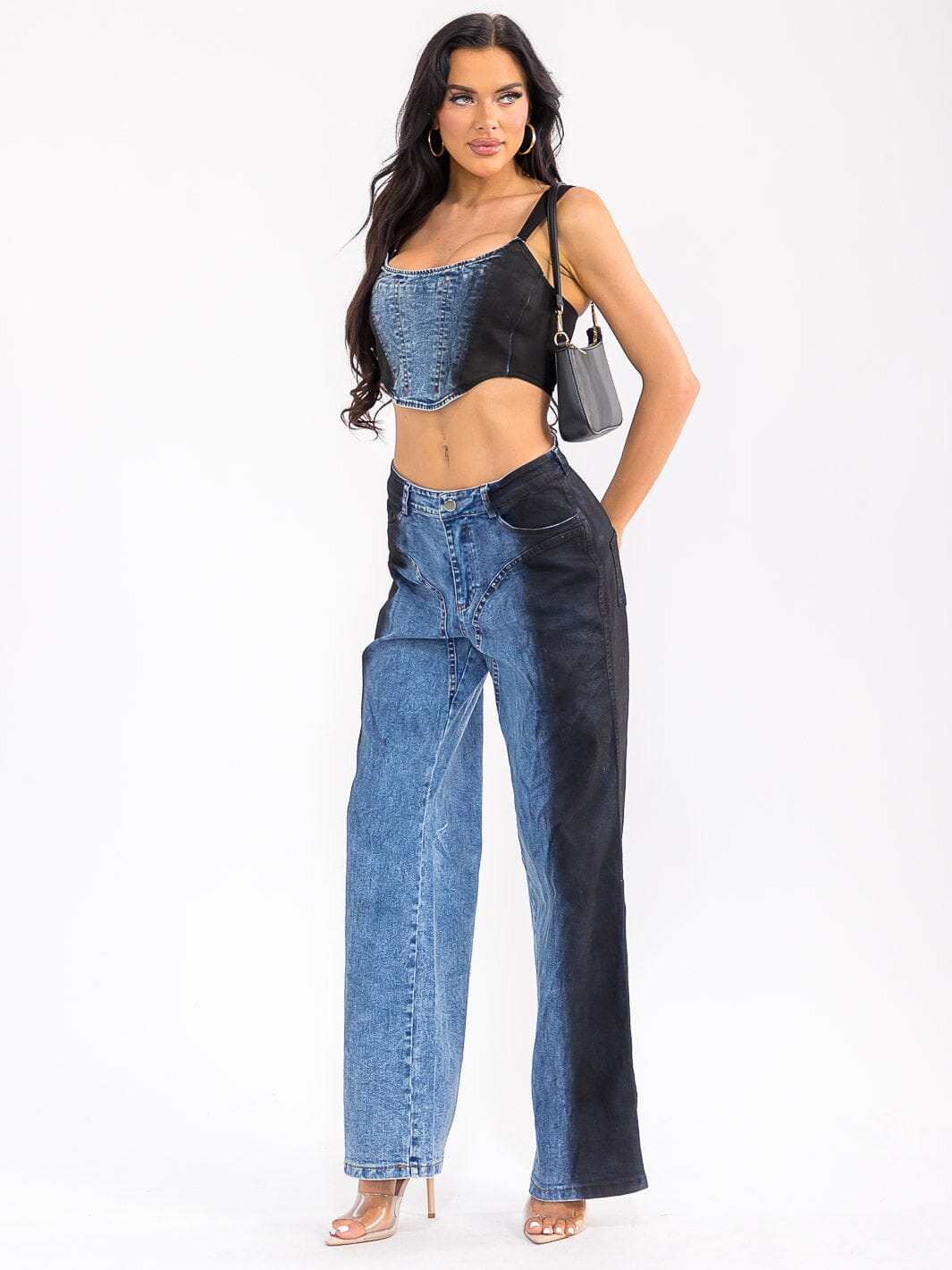 WOMEN'S SLEEVELESS CROP TOP & BUTTON CLOSURE WIDE LEG PANTS DENIM CONTRAST 2PC. SET