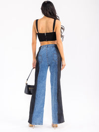 WOMEN'S SLEEVELESS CROP TOP & BUTTON CLOSURE WIDE LEG PANTS DENIM CONTRAST 2PC. SET