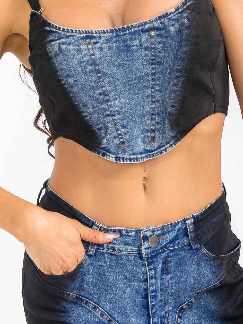 WOMEN'S SLEEVELESS CROP TOP & BUTTON CLOSURE WIDE LEG PANTS DENIM CONTRAST 2PC. SET