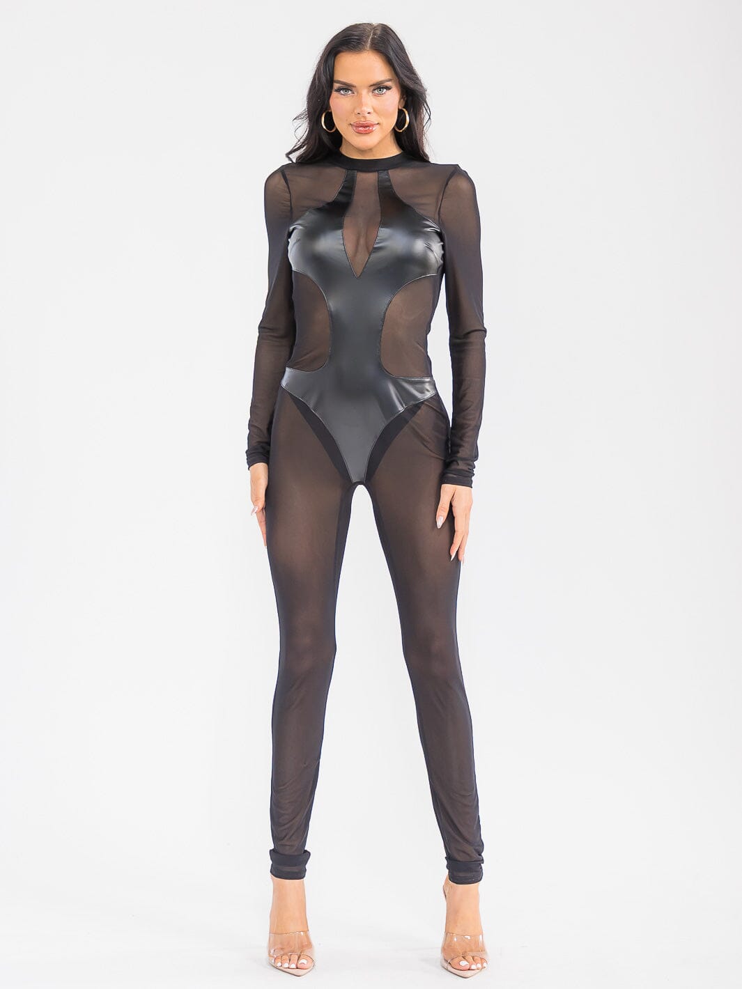 WOMEN'S LONG SLEEVE MESH ALL OVER PU PLEATHER DETAILED SKINNY LEG JUMPSUIT