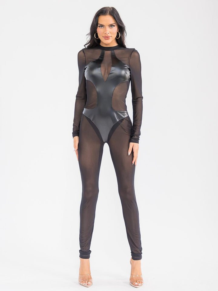 WOMEN'S LONG SLEEVE MESH ALL OVER PU PLEATHER DETAILED SKINNY LEG JUMPSUIT