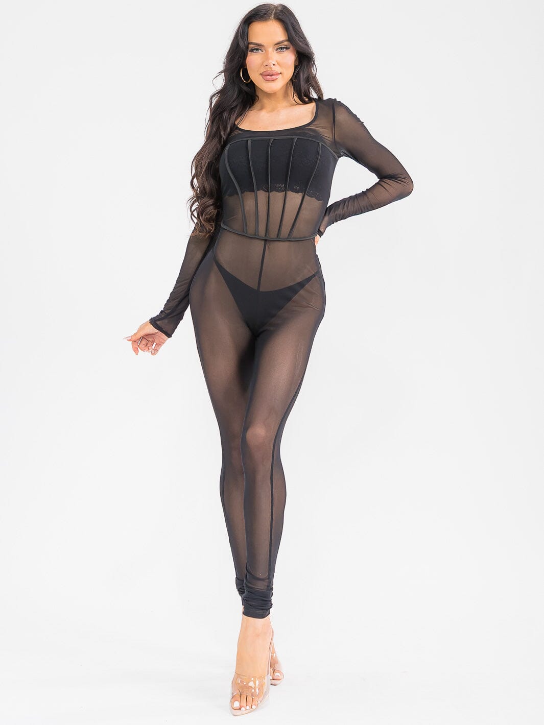 WOMEN'S LONG SLEEVE MESH ALL OVER DETAILED SKINNY LEG JUMPSUIT