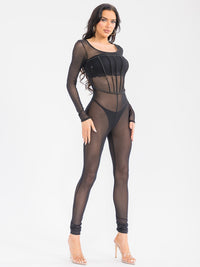 WOMEN'S LONG SLEEVE MESH ALL OVER DETAILED SKINNY LEG JUMPSUIT
