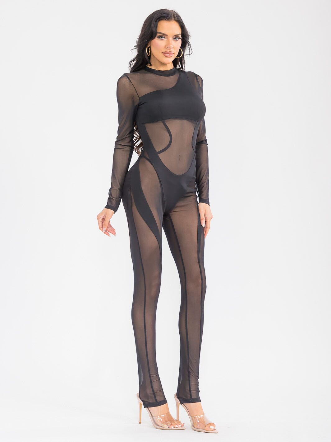 WOMEN'S LONG SLEEVE MESH ALL OVER DETAILED SKINNY LEG JUMPSUIT