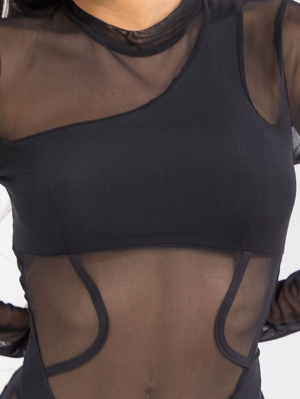 WOMEN'S LONG SLEEVE MESH ALL OVER DETAILED SKINNY LEG JUMPSUIT