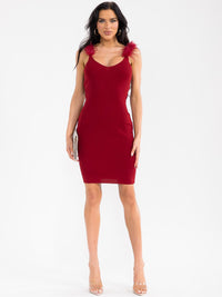 WOMEN'S SLEEVELESS FEATHER DETAILED RIBBED BODYCON MINI DRESS