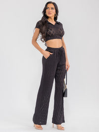 WOMEN'S SHORT SLEEVE CROP TOP & ELASTIC WAIST WIDE LEG PANTS MESH 2PC. SET