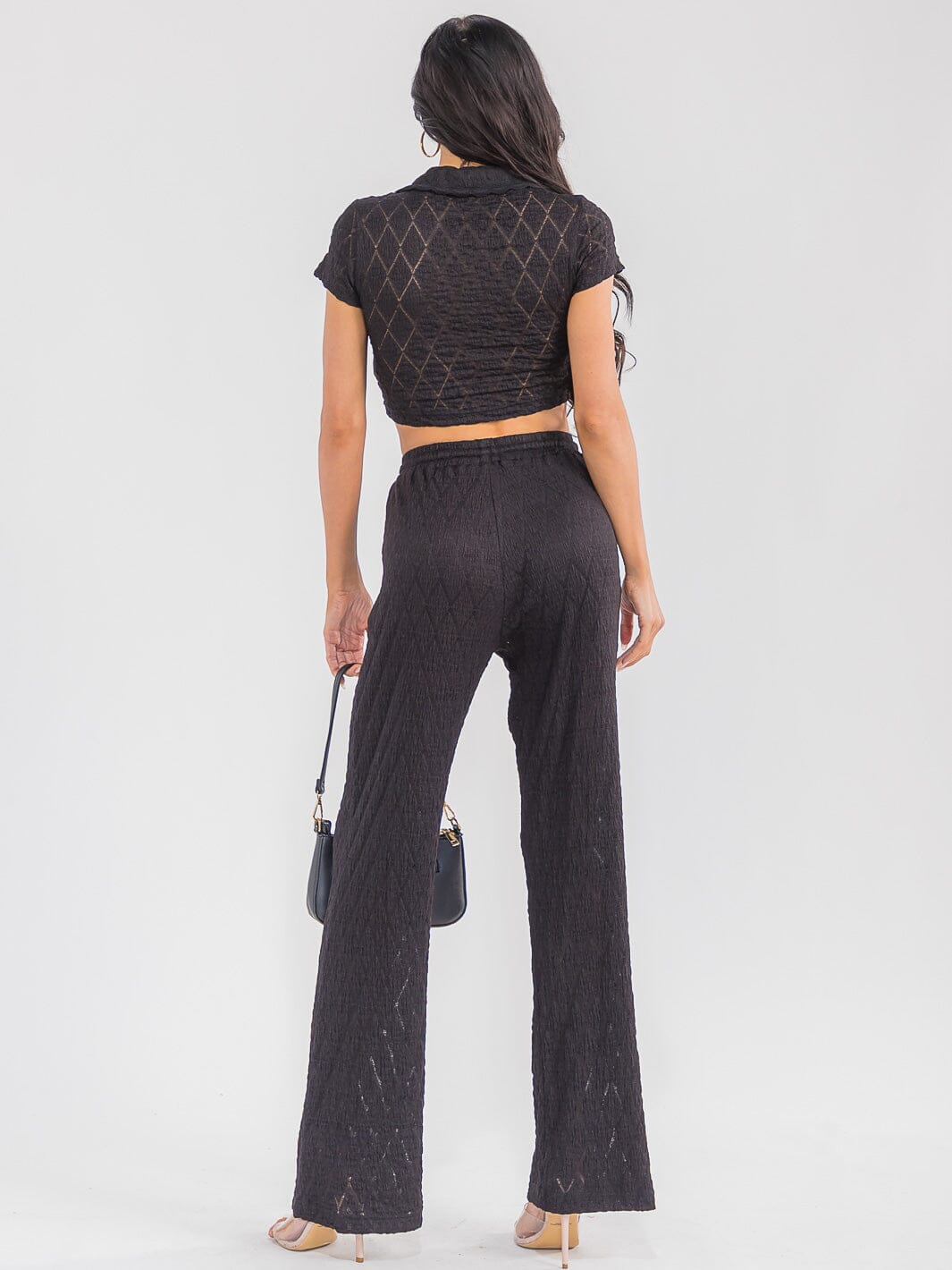 WOMEN'S SHORT SLEEVE CROP TOP & ELASTIC WAIST WIDE LEG PANTS MESH 2PC. SET
