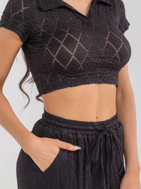 WOMEN'S SHORT SLEEVE CROP TOP & ELASTIC WAIST WIDE LEG PANTS MESH 2PC. SET