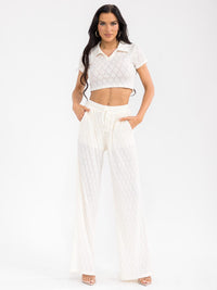 WOMEN'S SHORT SLEEVE CROP TOP & ELASTIC WAIST WIDE LEG PANTS MESH 2PC. SET