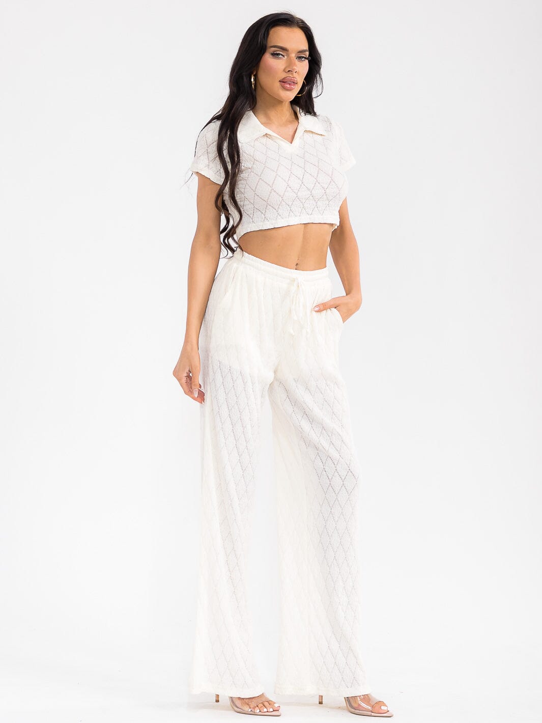 WOMEN'S SHORT SLEEVE CROP TOP & ELASTIC WAIST WIDE LEG PANTS MESH 2PC. SET