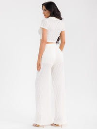 WOMEN'S SHORT SLEEVE CROP TOP & ELASTIC WAIST WIDE LEG PANTS MESH 2PC. SET
