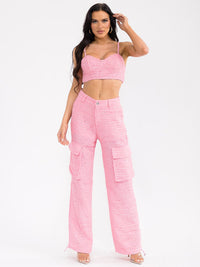 WOMEN'S SLEEVELESS CROP TOP & BUTTON CLOSURE PANTS TWEED 2PC. SET