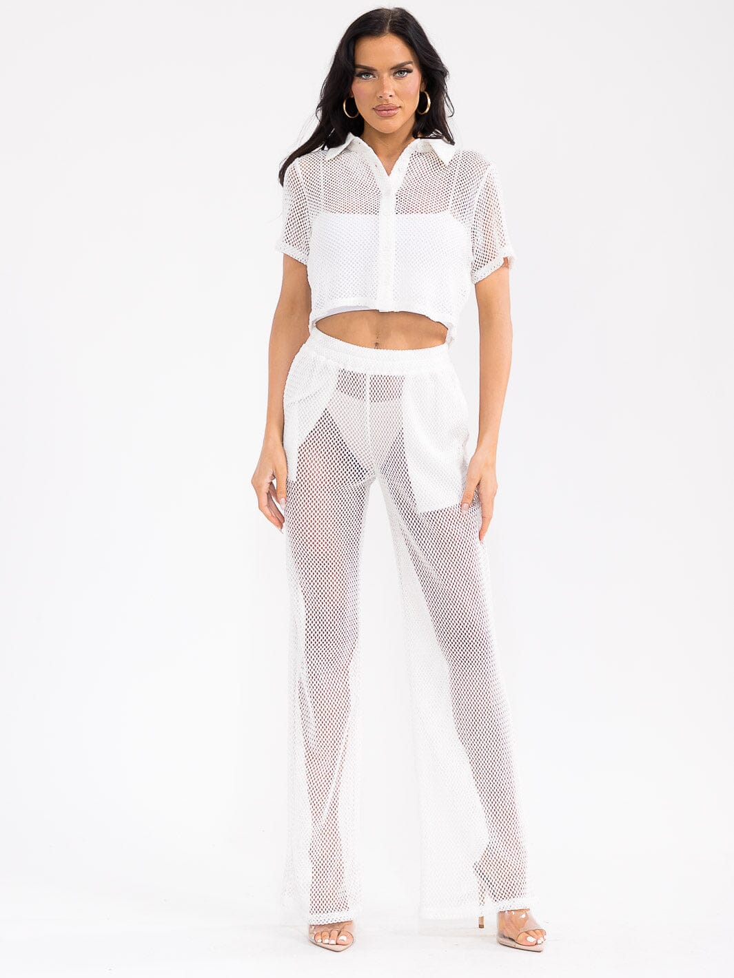 WOMEN'S SHORT SLEEVE CROP TOP & ELASTIC WAIST WIDE LEG PANTS FISHNET 2PC. SET