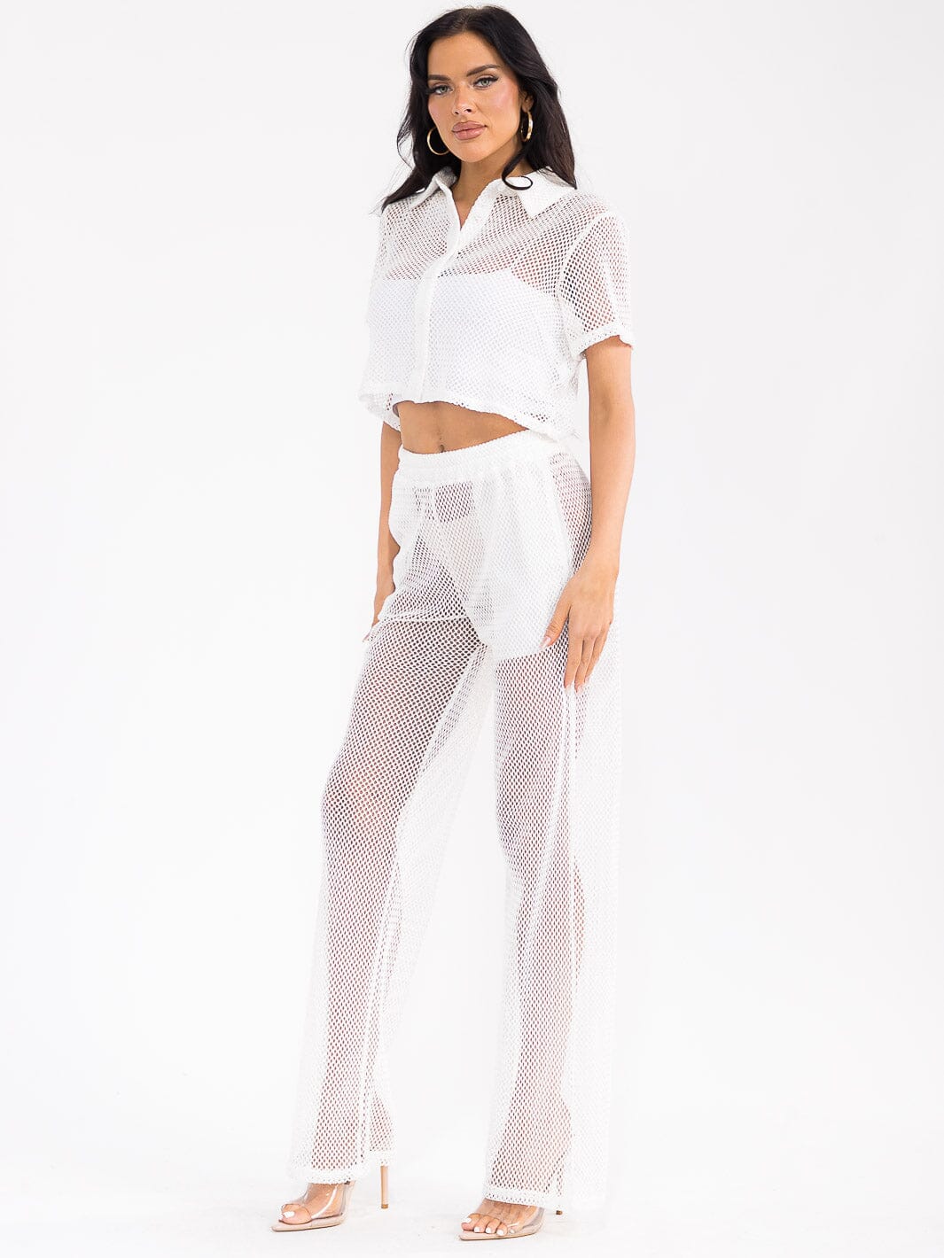 WOMEN'S SHORT SLEEVE CROP TOP & ELASTIC WAIST WIDE LEG PANTS FISHNET 2PC. SET