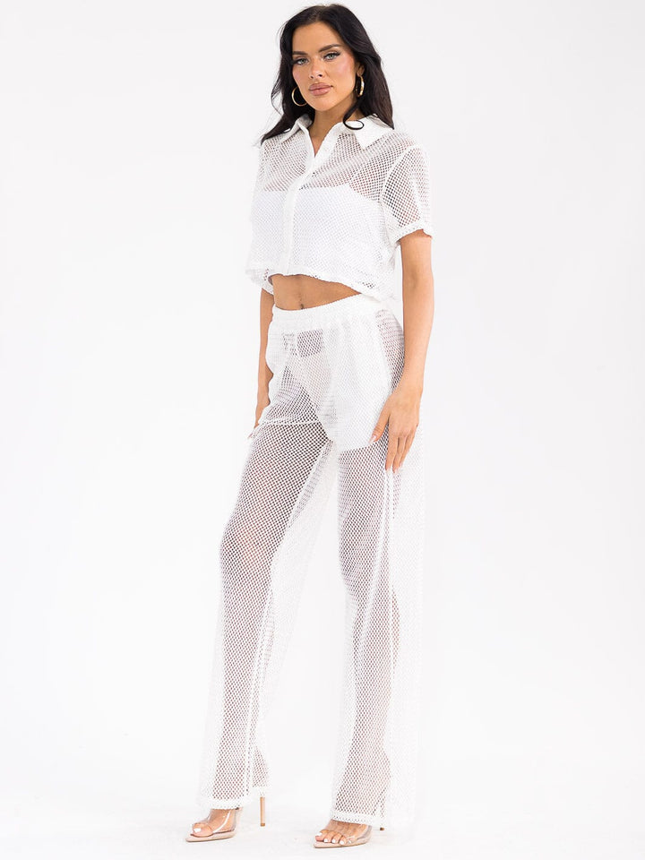 WOMEN'S SHORT SLEEVE CROP TOP & ELASTIC WAIST WIDE LEG PANTS FISHNET 2PC. SET