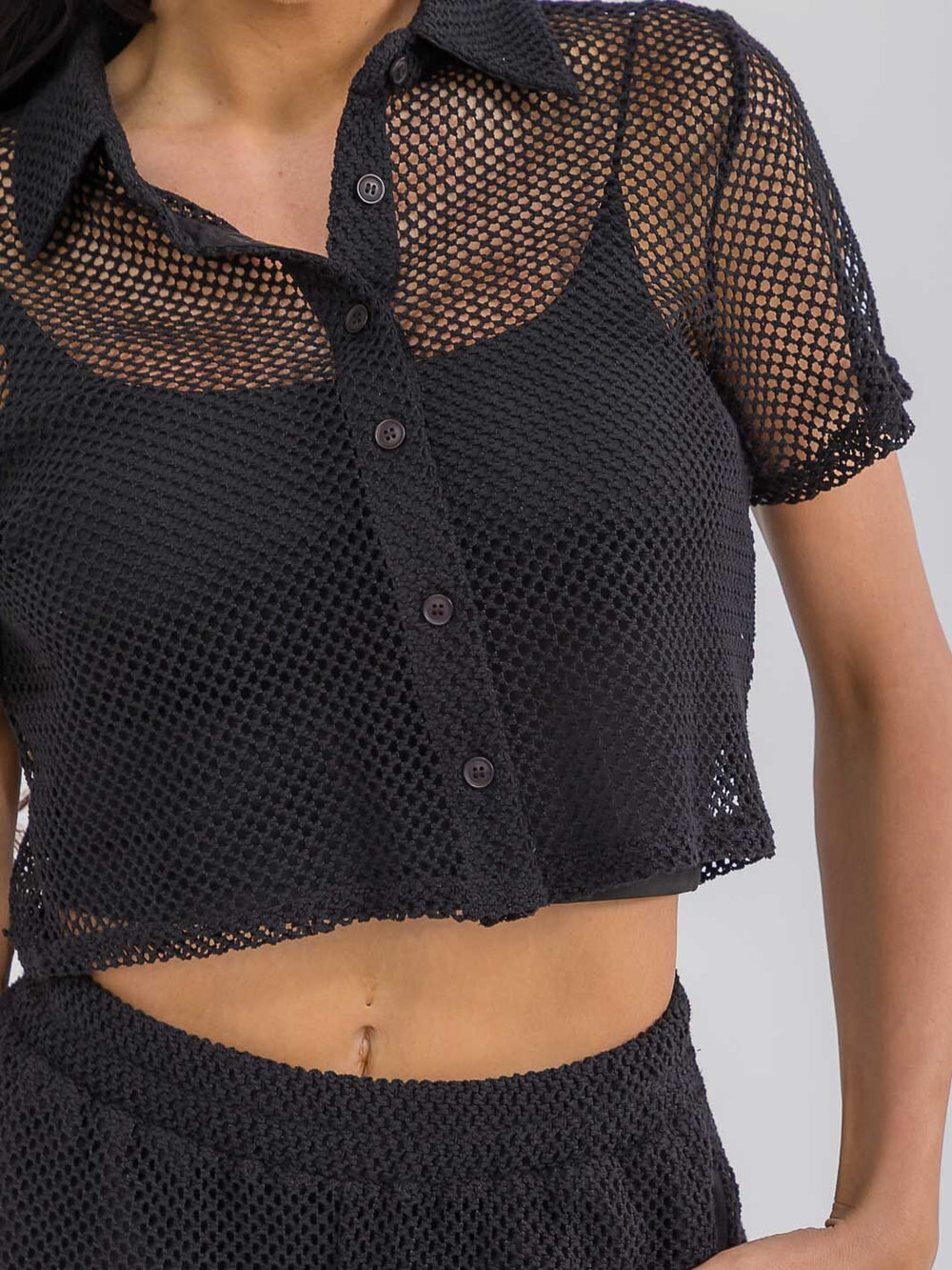 WOMEN'S SHORT SLEEVE CROP TOP & ELASTIC WAIST WIDE LEG PANTS FISHNET 2PC. SET