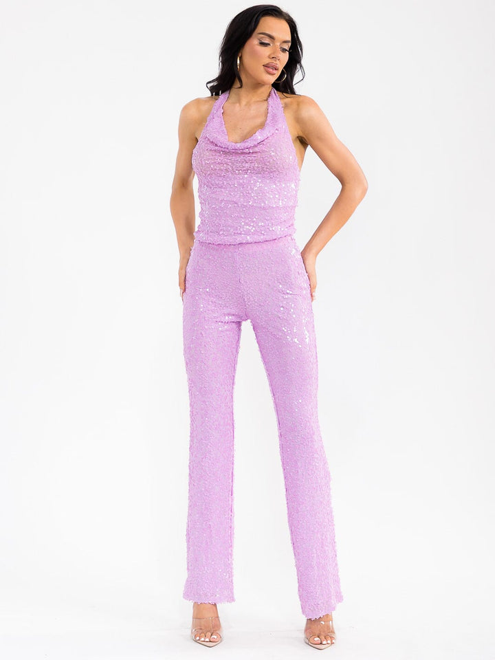 WOMEN'S SLEEVELESS HALTER NECK TOP & ELASTIC WAIST PANTS SEQUINS 2PC. SET