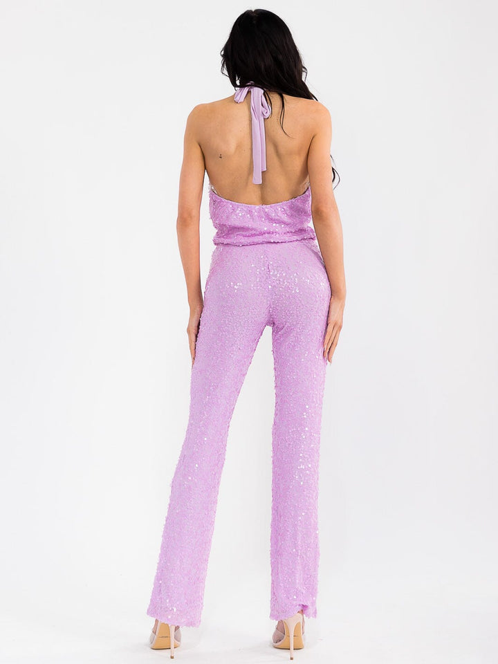 WOMEN'S SLEEVELESS HALTER NECK TOP & ELASTIC WAIST PANTS SEQUINS 2PC. SET