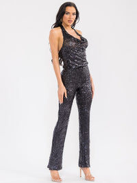 WOMEN'S SLEEVELESS HALTER NECK TOP & ELASTIC WAIST PANTS SEQUINS 2PC. SET